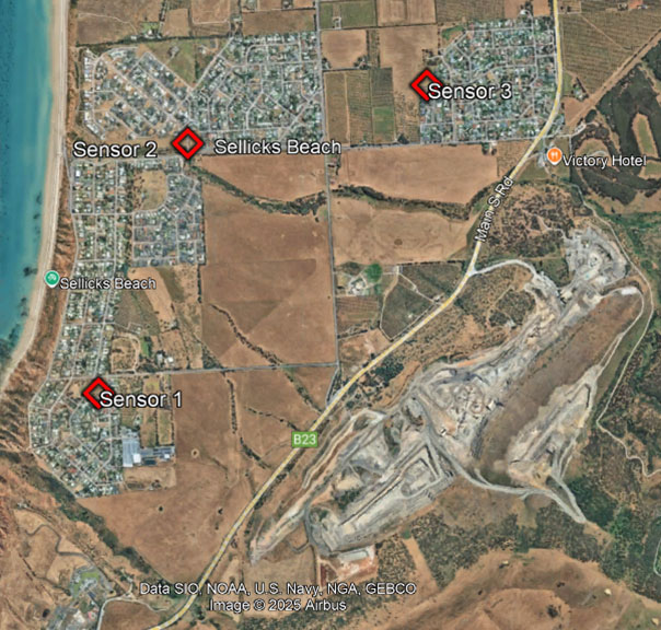 Map of Sellicks beach displaying the locations of the sensors