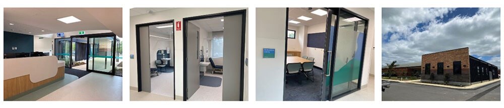 Left to right: entry and reception; two consulting rooms with telehealth; meeting space; exterior view of unit.