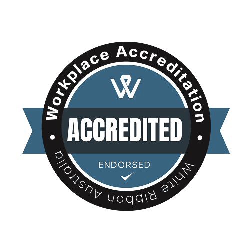 A badge representing White Ribbon Accreditation