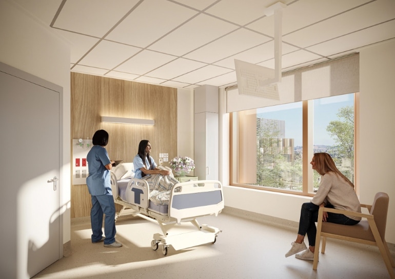 Artist&rsquo;s impression of a modern inpatient bedroom with a hospital bed, staff member, and visitor near a large window.